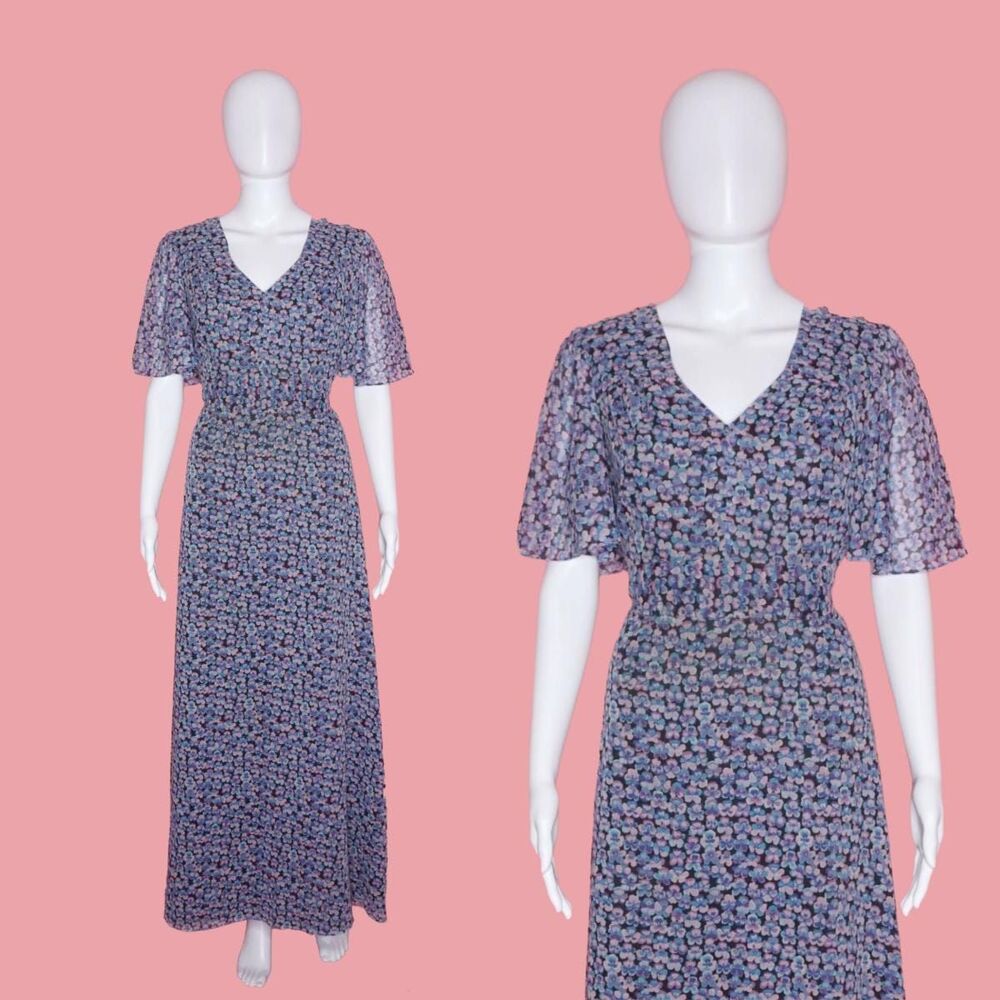 1960s-1970s BERKLEIGH JUNIORS. Floral FLUTTER Sleeve Maxi Dress. S-M. As Is